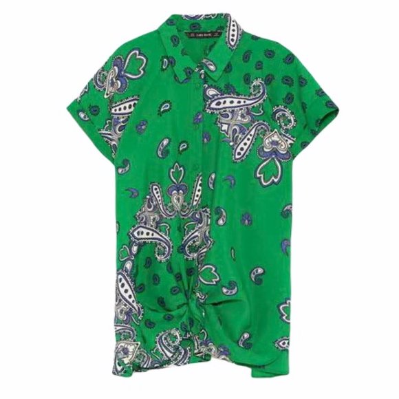 Zara Tops - Zara Basic Green Paisley Top Button Down Small